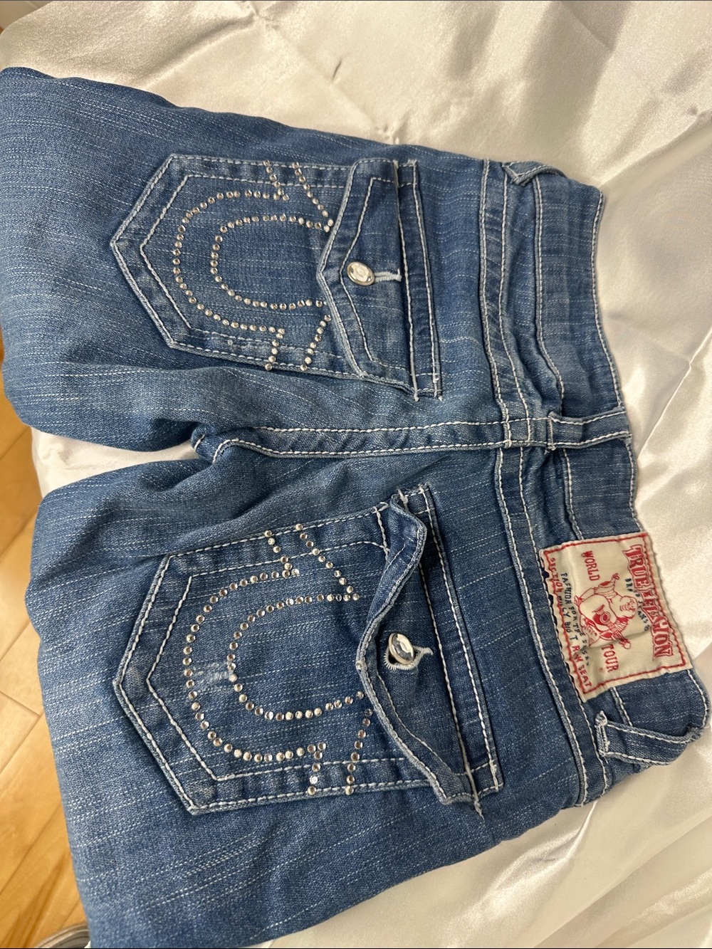 True Religion Women's Blue Boot Cut Jeans with Rhinestone Pocket Detail